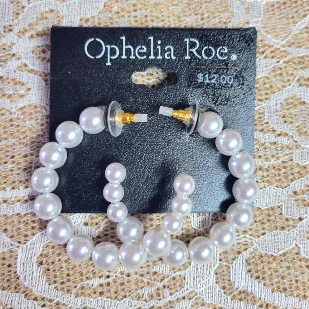 Ophelia Roe pierced post faux pearl hoops earrings 2 in